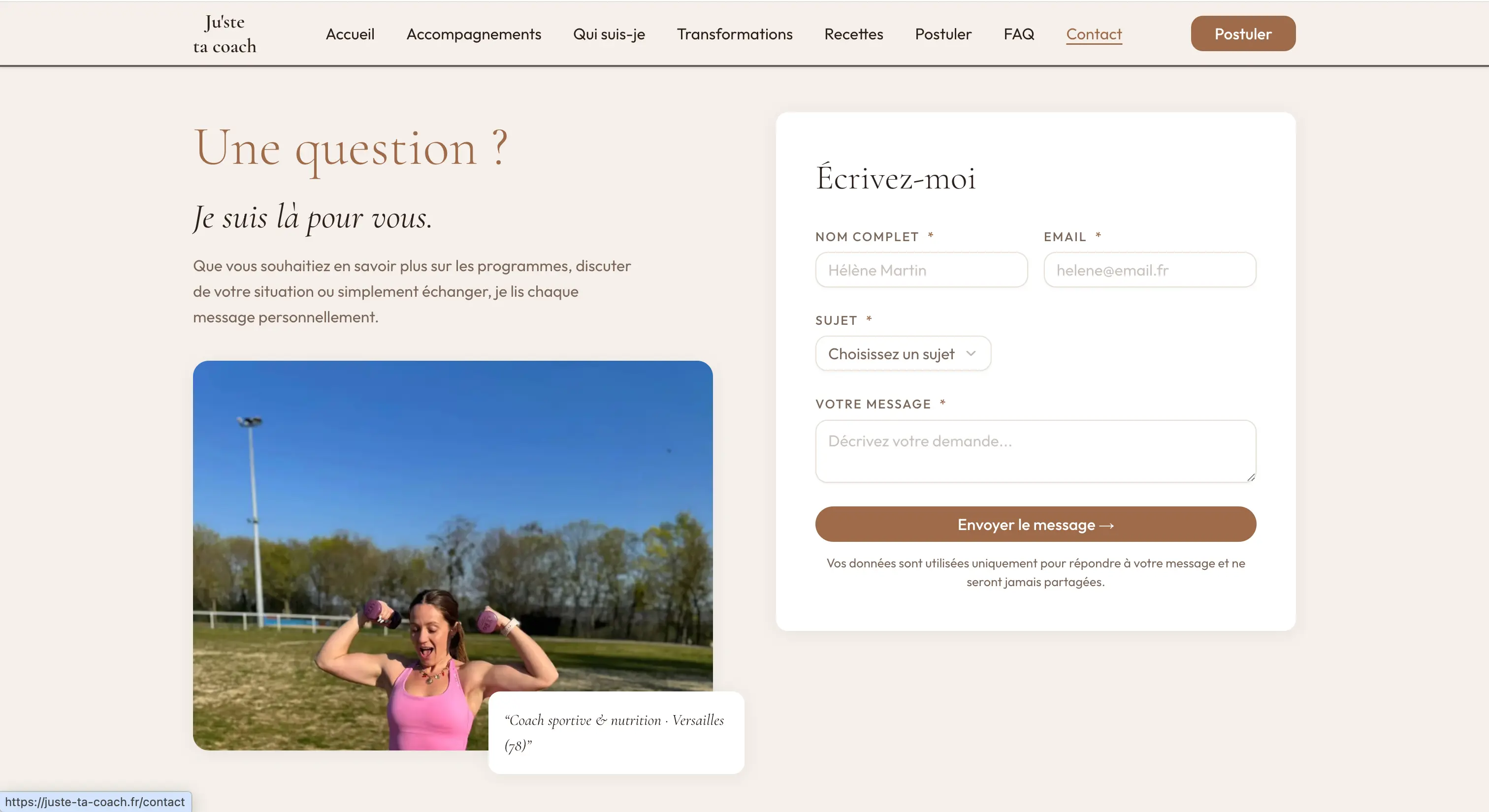Page Contact du site Juste ta coach